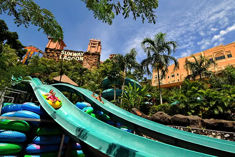 Sunway Lagoon Theme Park with water slides and tropical surroundings in Kuala Lumpur.
