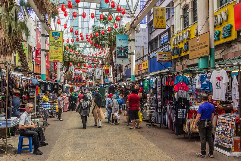 Bustling Petaling Street market in Kuala Lumpur, a vibrant and free place to explore local culture