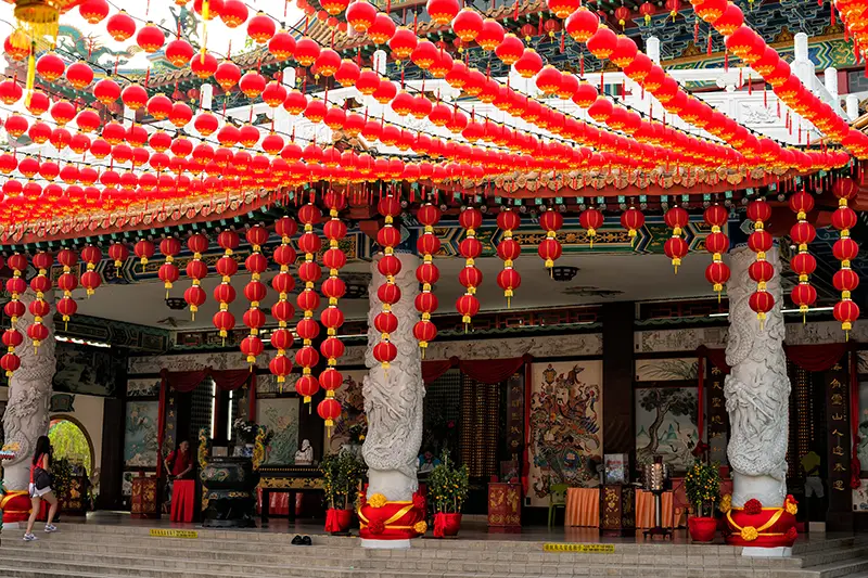 Thean Hou Temple Kuala Lumpur decorated with red lanterns during Chinese New Year celebration.
