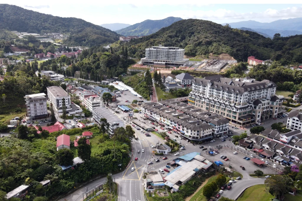 Aerial view of Brinchang town in Cameron Highlands, a budget-friendly and strategic option for the best area to stay in Cameron Highlands